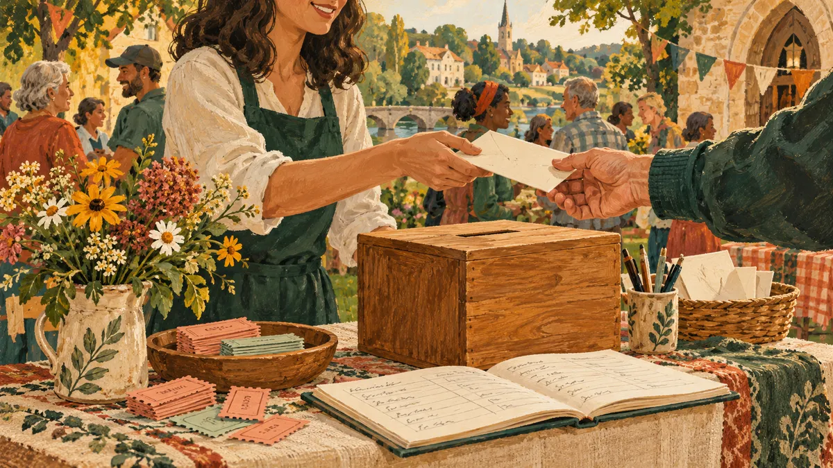 Illustration of a community fundraising table with tickets, donation cards, and flowers