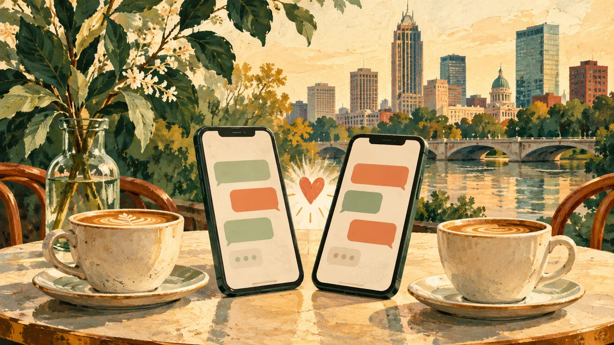 Illustration of two phones with chat bubbles and coffee cups against a city backdrop