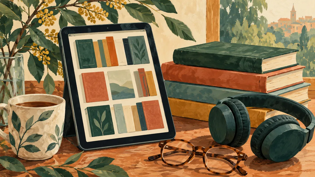 Illustration of a tablet, books, and headphones for digital library reading